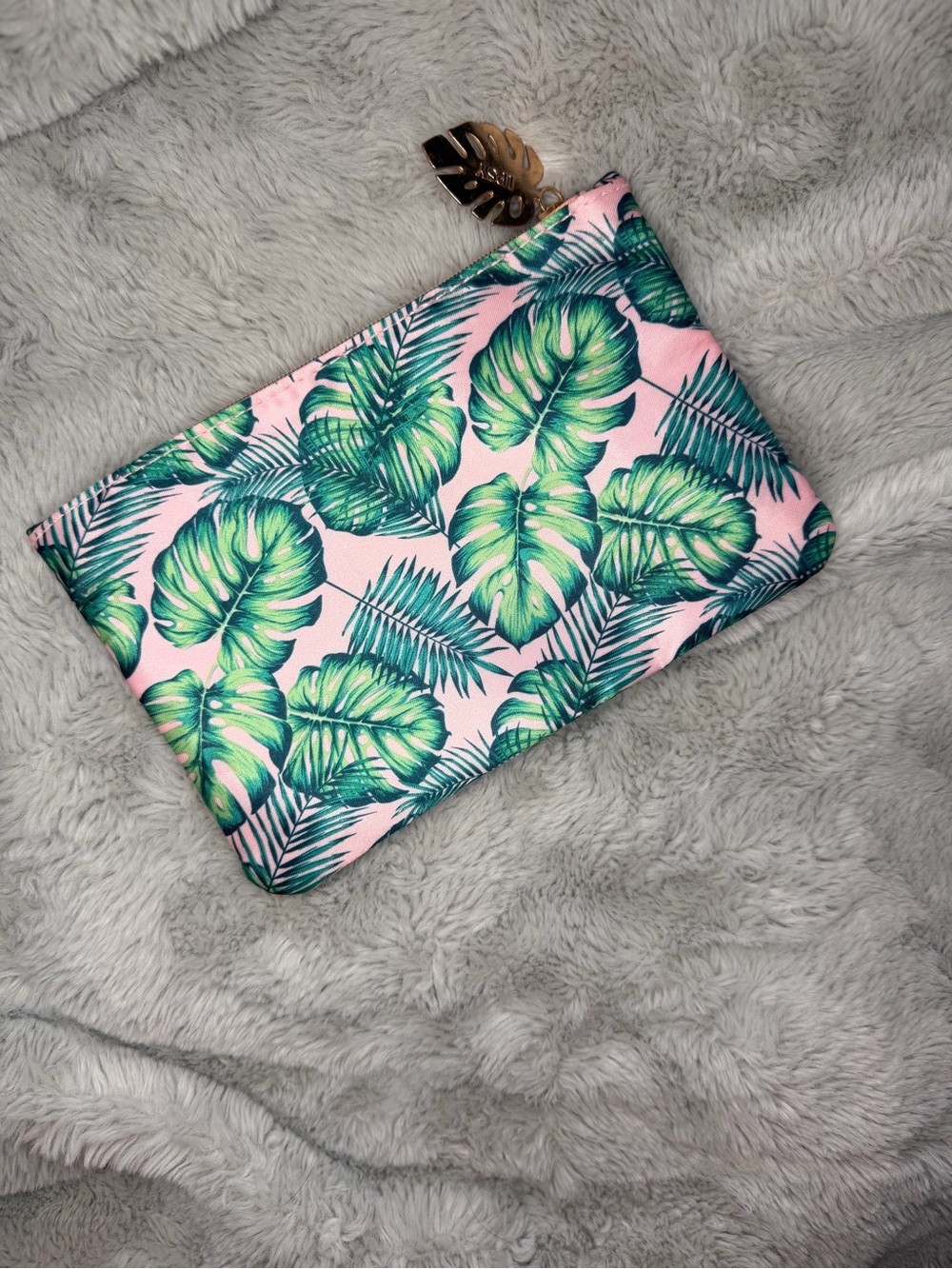 ipsy Pink Cosmetic Pouch with Green Tropical Leaf Print